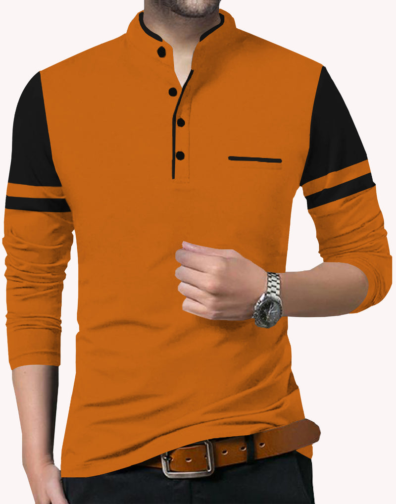 Men Colorblock Mandarin Collar Cotton Blend Multicolor T-Shirt