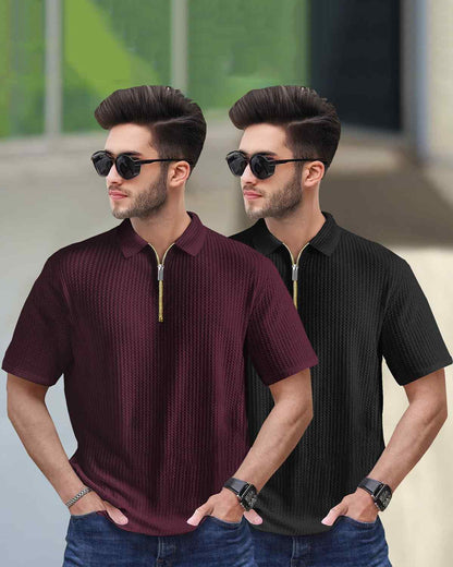 (Pack Of 2) Maroon & Black Men Textured Polo Half Sleeve Waffle T-shirts