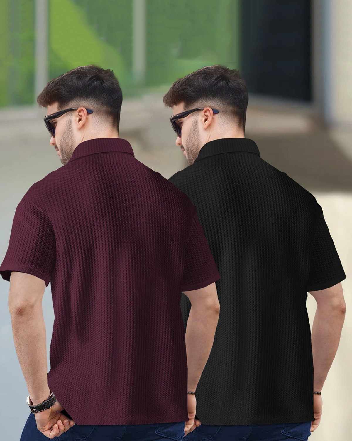 (Pack Of 2) Maroon & Black Men Textured Polo Half Sleeve Waffle T-shirts
