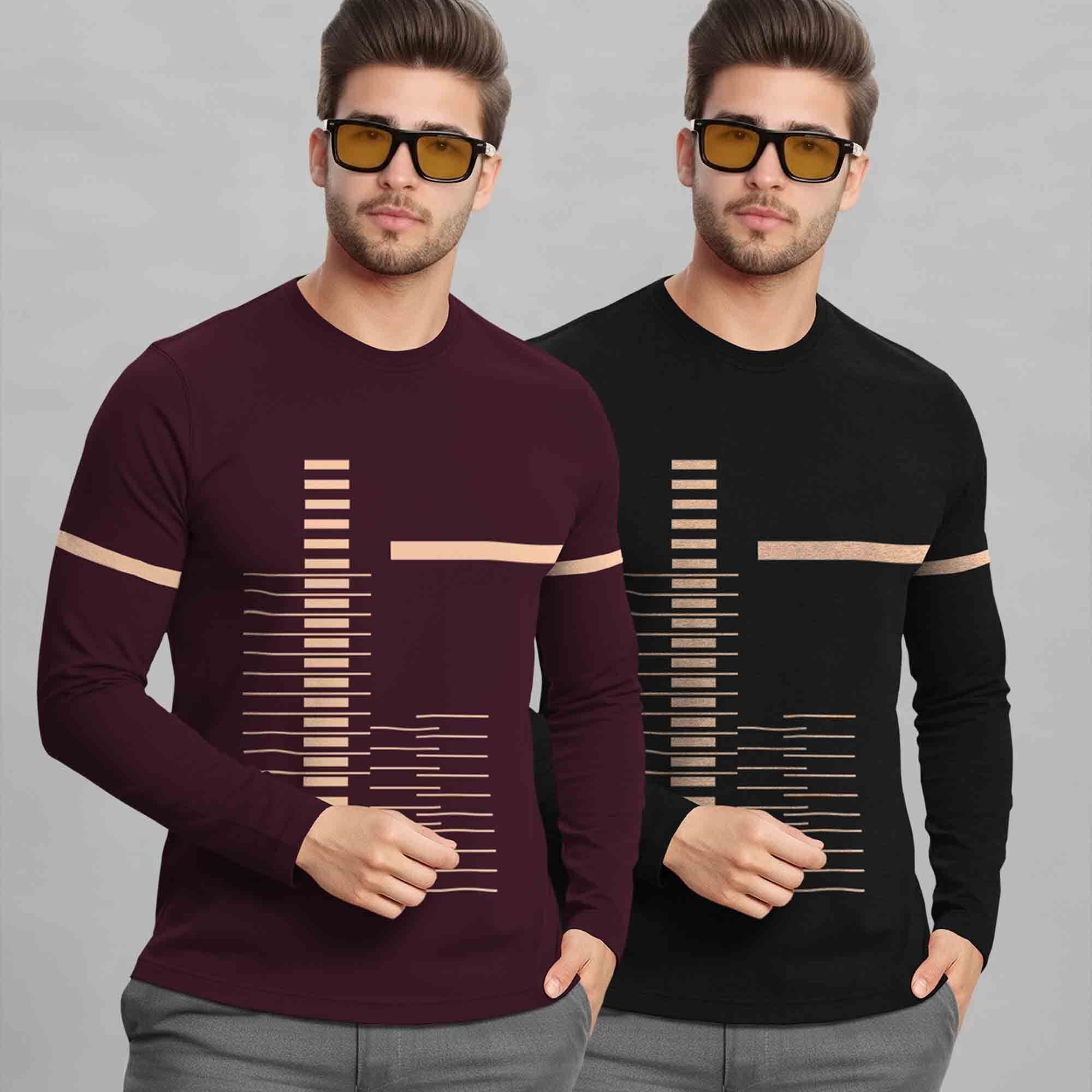 (Pack Of 2) Full Sleeve Round Neck Printed T-shirts Maroon & Black