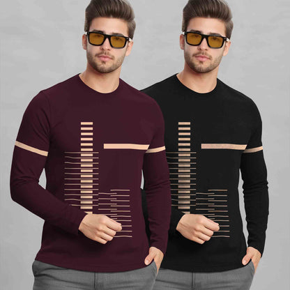 (Pack Of 2) Full Sleeve Round Neck Printed T-shirts Maroon & Black