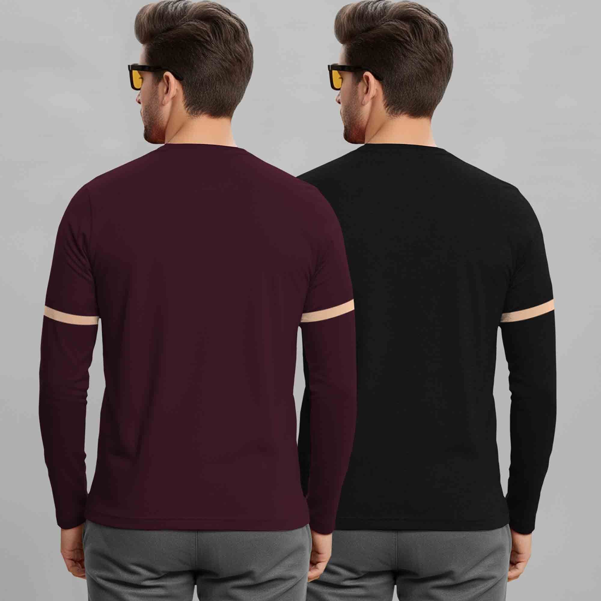 (Pack Of 2) Full Sleeve Round Neck Printed T-shirts Maroon & Black