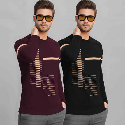 (Pack Of 2) Full Sleeve Round Neck Printed T-shirts Maroon & Black