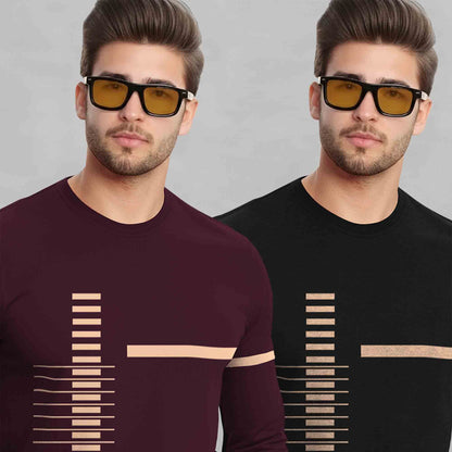 (Pack Of 2) Full Sleeve Round Neck Printed T-shirts Maroon & Black