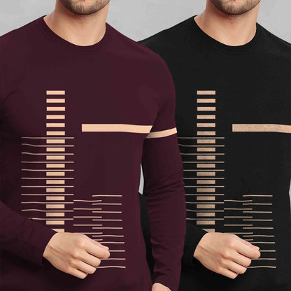 (Pack Of 2) Full Sleeve Round Neck Printed T-shirts Maroon & Black