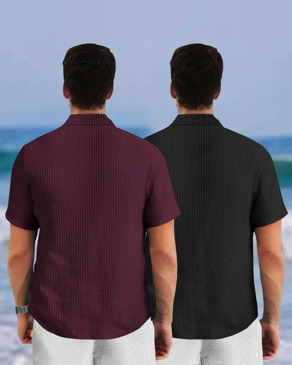 (Pack Of 2) Half Sleeve Plain Maroon & Black Waffle Shirts