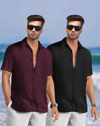 (Pack Of 2) Half Sleeve Plain Maroon & Black Waffle Shirts