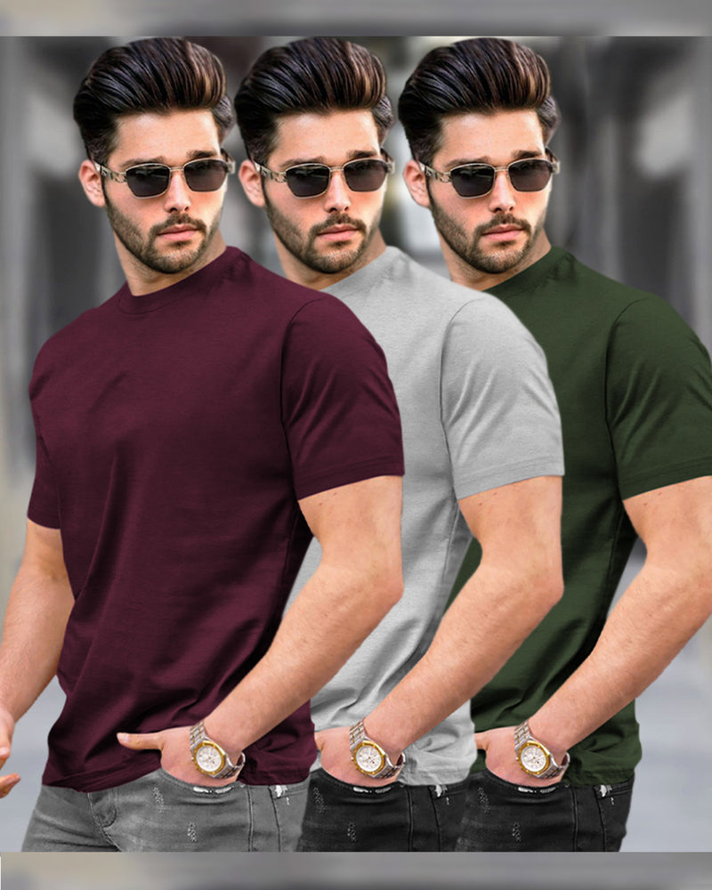 Mens Half Sleeve Plain Round Neck T-shirts (Pack Of 3) / Maroon-Grey-Olive