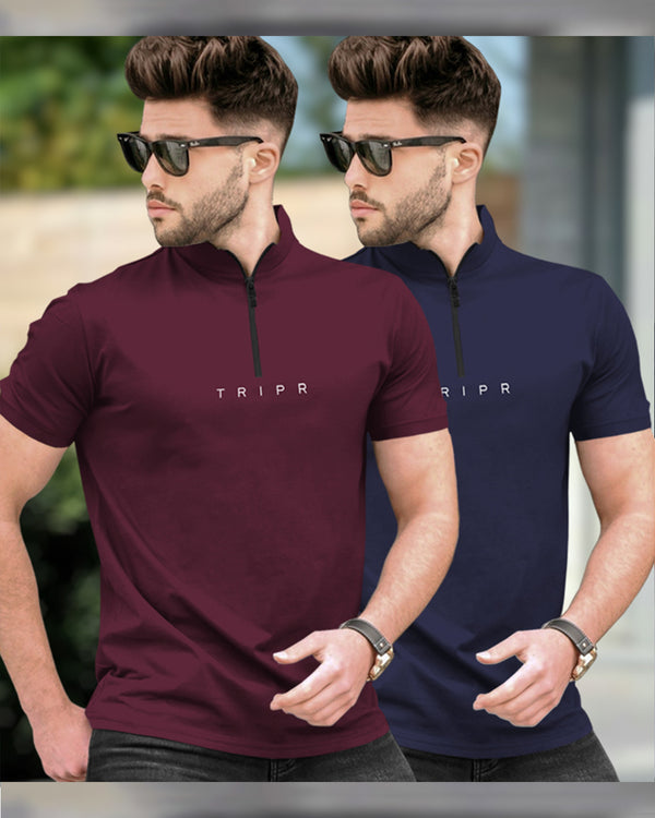 Mens High Neck Half Sleeve T-shirts (Pack Of 2) / Maroon & Navy