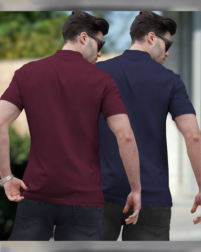 Mens High Neck Half Sleeve Maroon & Navy T-shirts (Pack Of 2)