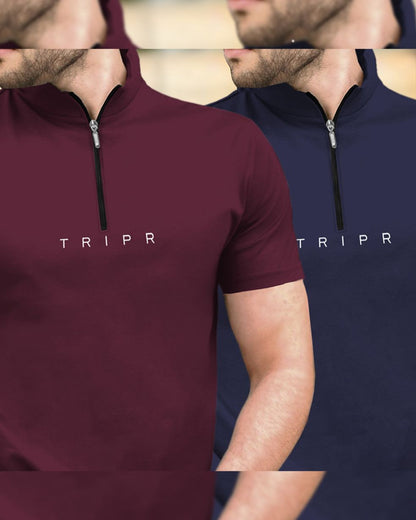 Mens High Neck Half Sleeve Maroon & Navy T-shirts (Pack Of 2)