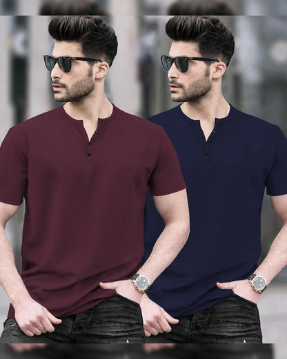 Mens Henley Neck Half Sleeve Plain T-shirts (Pack Of 2) / Maroon & Navy