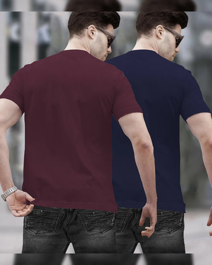 Mens Henley Neck Half Sleeve Plain T-shirts (Pack Of 2) / Maroon & Navy