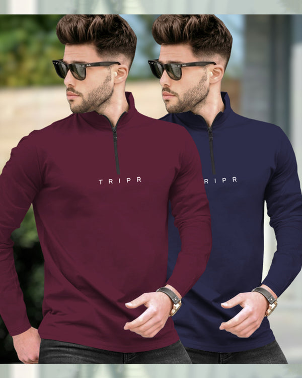 Mens High Neck Full Sleeve T-shirts (Pack Of 2) / Maroon & Navy