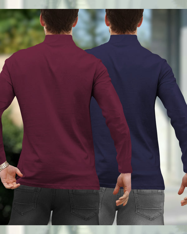 Mens High Neck Full Sleeve T-shirts (Pack Of 2) / Maroon & Navy