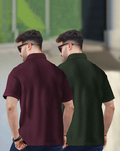(Pack Of 2) Men Maroon & Olive Textured Polo Half Sleeve Waffle T-shirts