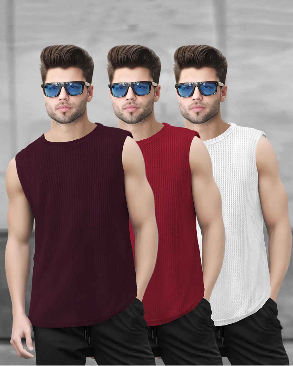 (Pack Of 3) Men Casual Round Neck Printed And Plain Vests