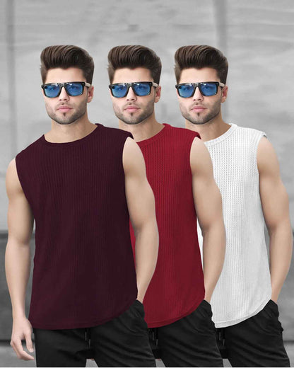 (Pack Of 3) Men Casual Round Neck Printed And Plain Vests