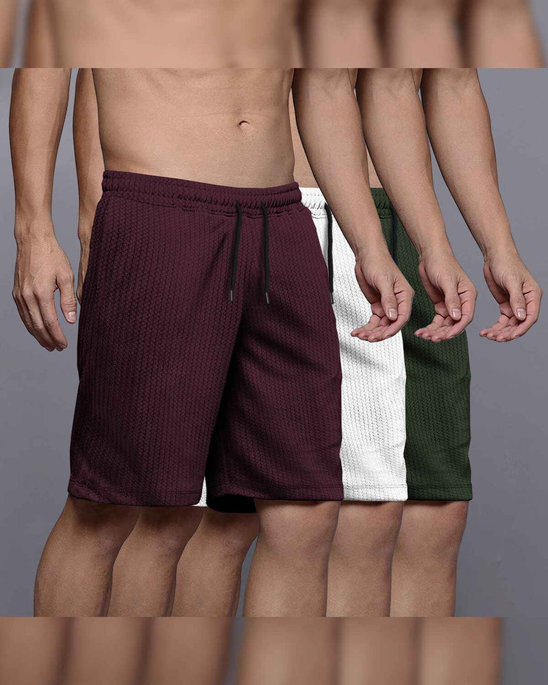 (Pack Of 3) Men Plain Waffle Shorts / Maroon-White-Olivegreen