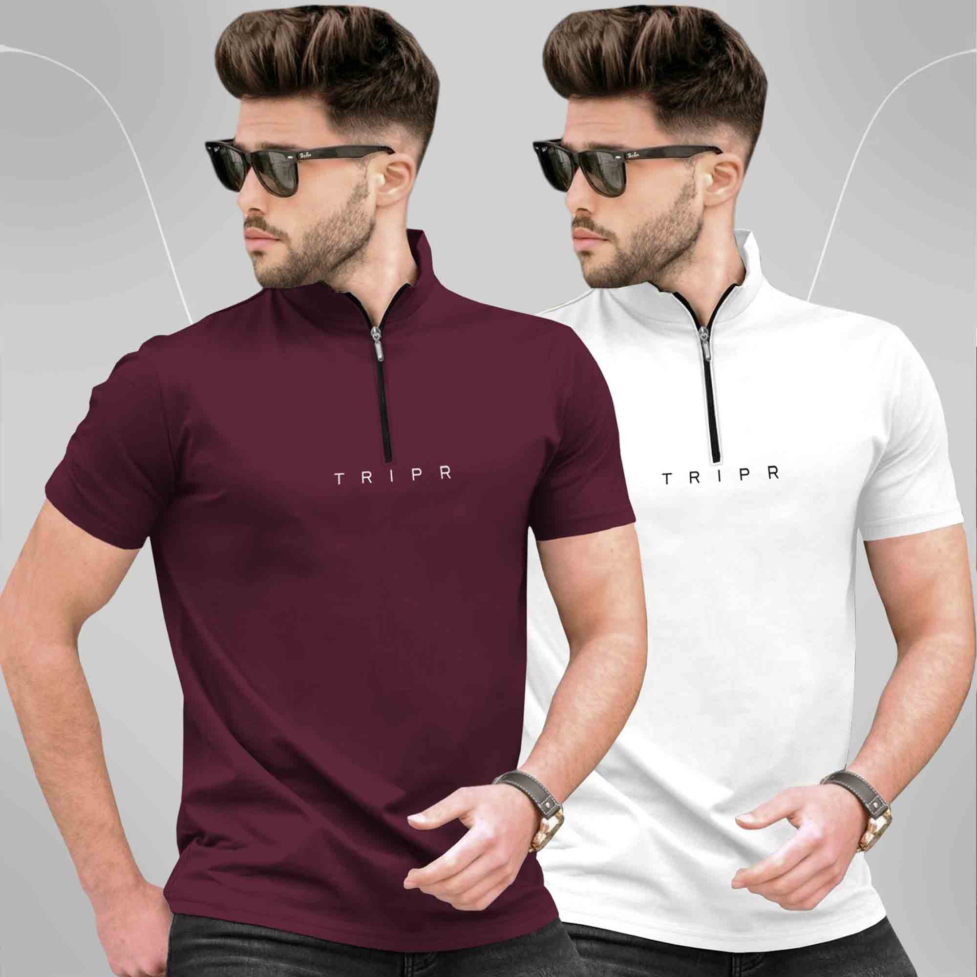 Pack Of 2 High Neck Logo Printed Half Sleeve Combo T-shirts - 13 Variants