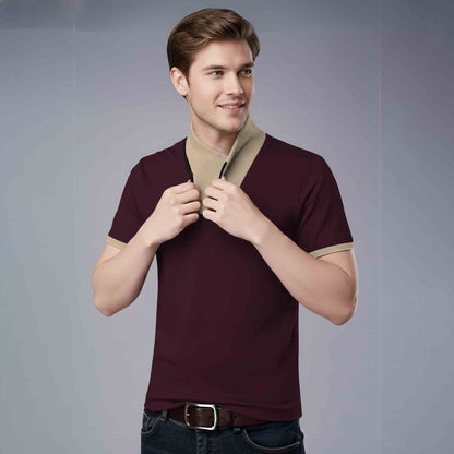 Mens Half Sleeve T-Shirt with Contrast Neck Maroon