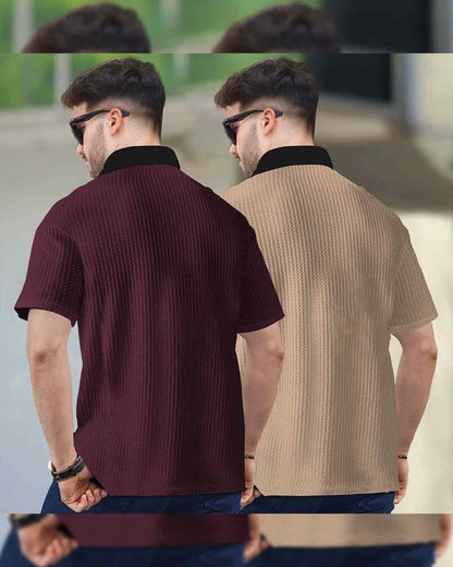 (Pack Of 2) Men Maroon & Beige Textured Polo Contrast Half Sleeve Waffle T-shirts