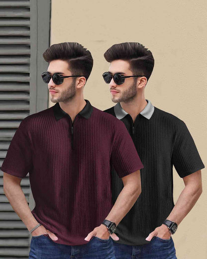 (Pack Of 2) Men Maroon & Black Textured Polo Contrast Half Sleeve Waffle T-shirts