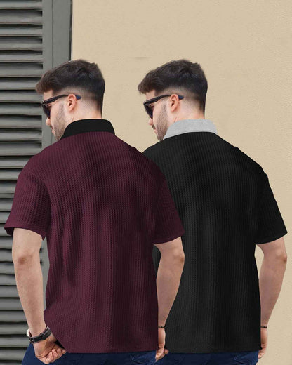 (Pack Of 2) Men Maroon & Black Textured Polo Contrast Half Sleeve Waffle T-shirts