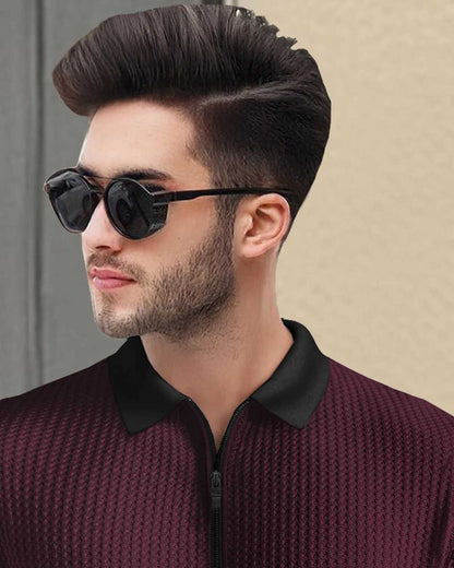 (Pack Of 2) Men Maroon & Black Textured Polo Contrast Half Sleeve Waffle T-shirts