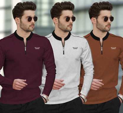 (Pack Of 3) Henley Neck Full Sleeve Colorblocked T-shirts