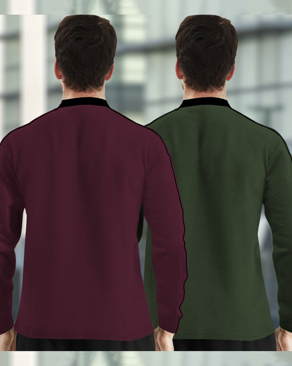 Mens Henely Neck Full Sleeve T-shirts (Pack Of 2) / Maroon & Olive