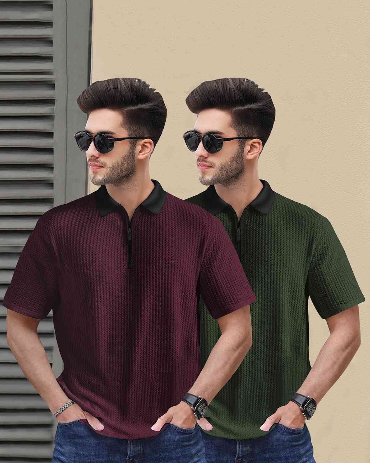 (Pack Of 2) Men Olive & Green Textured Polo Contrast Half Sleeve Waffle T-shirts