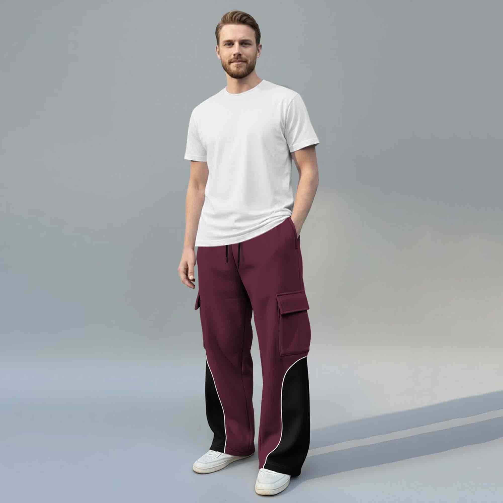 Men 4 Pockets Dual Color Baggy Cargo Pant Maroon & Black