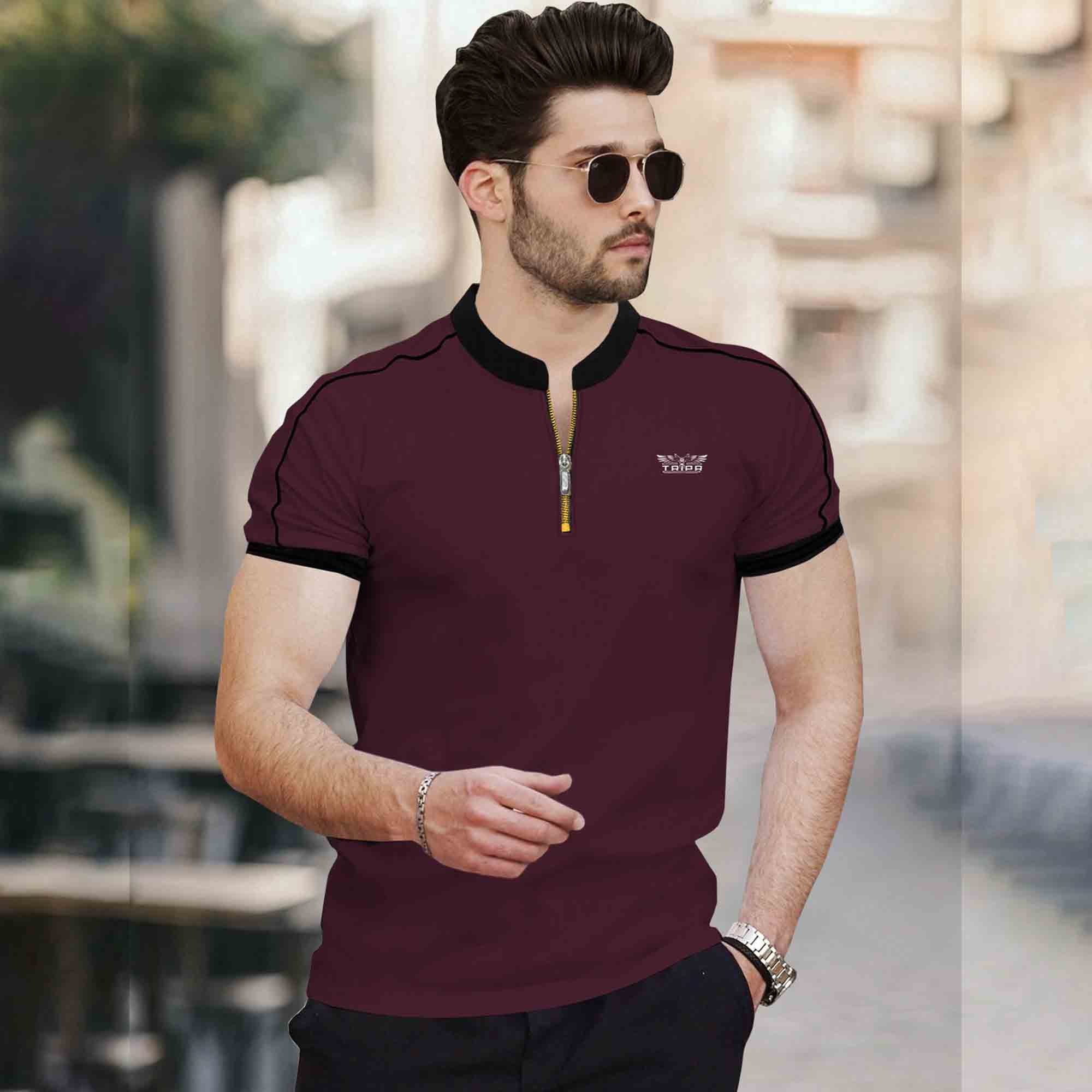 Mandarin Collar Quarter Zip Half Sleeve Tshirt Maroon