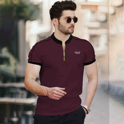 Mandarin Collar Quarter Zip Half Sleeve Tshirt Maroon