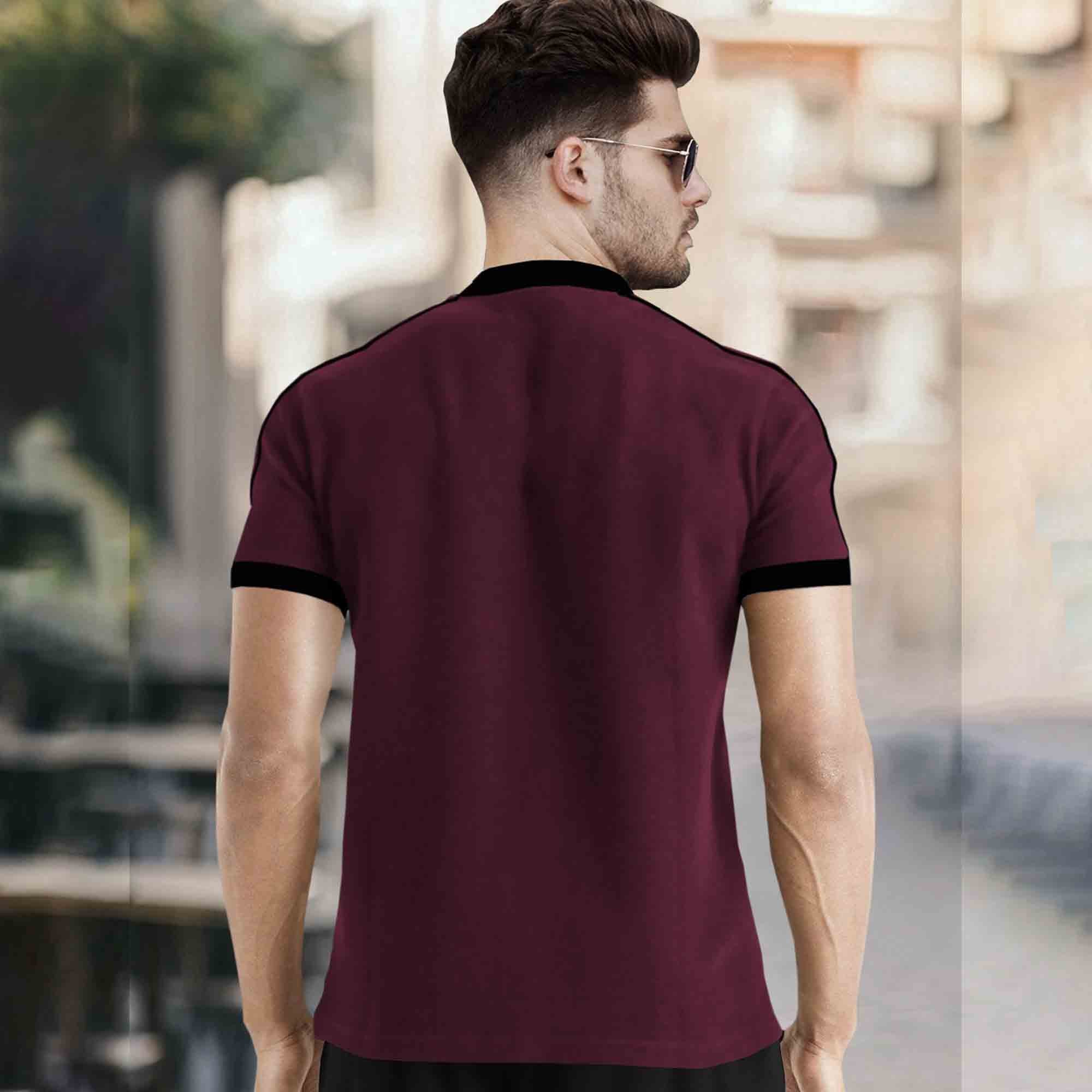 Mandarin Collar Quarter Zip Half Sleeve Tshirt Maroon