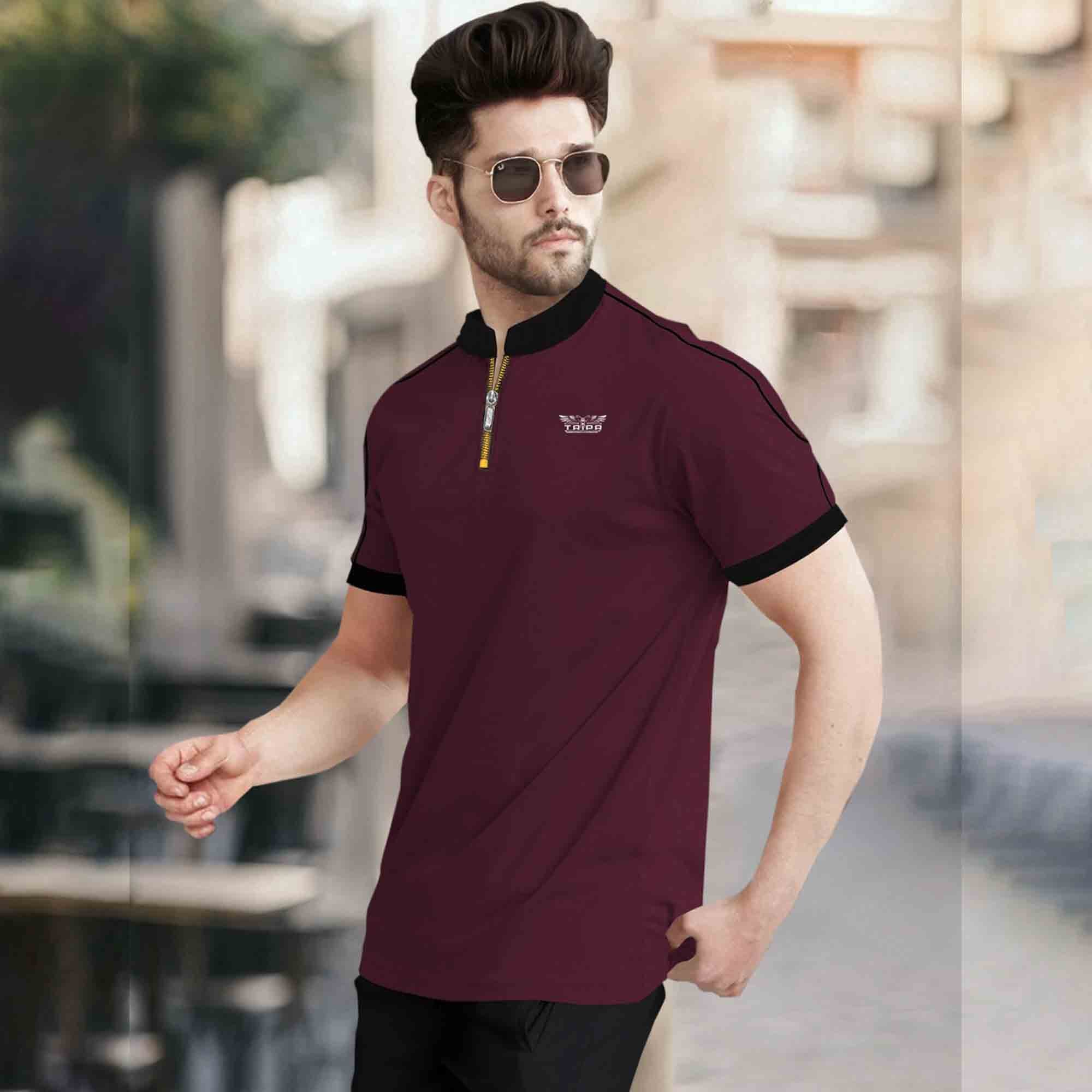 Mandarin Collar Quarter Zip Half Sleeve Tshirt Maroon
