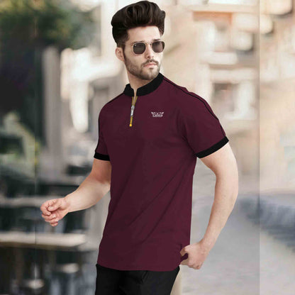 Mandarin Collar Quarter Zip Half Sleeve Tshirt Maroon