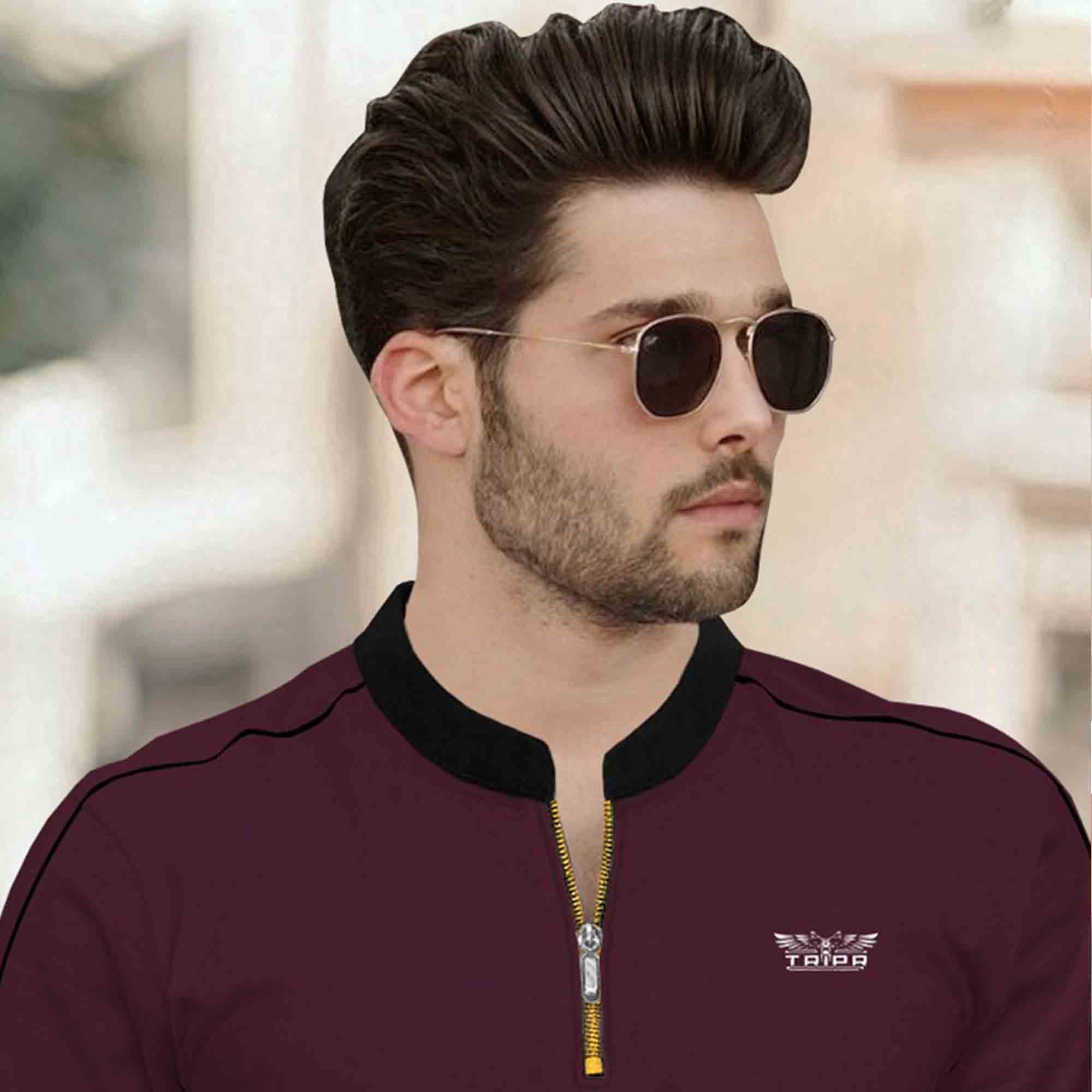 Mandarin Collar Quarter Zip Half Sleeve Tshirt Maroon