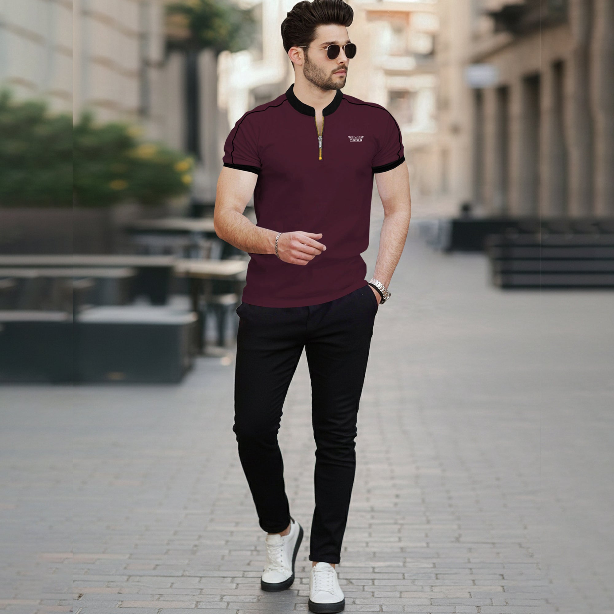 Mandarin Collar Quarter Zip Half Sleeve Tshirt Maroon