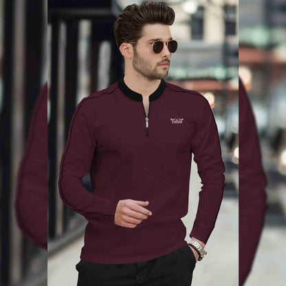 Men Full Sleeve Mandarin Collar Maroon T-Shirt