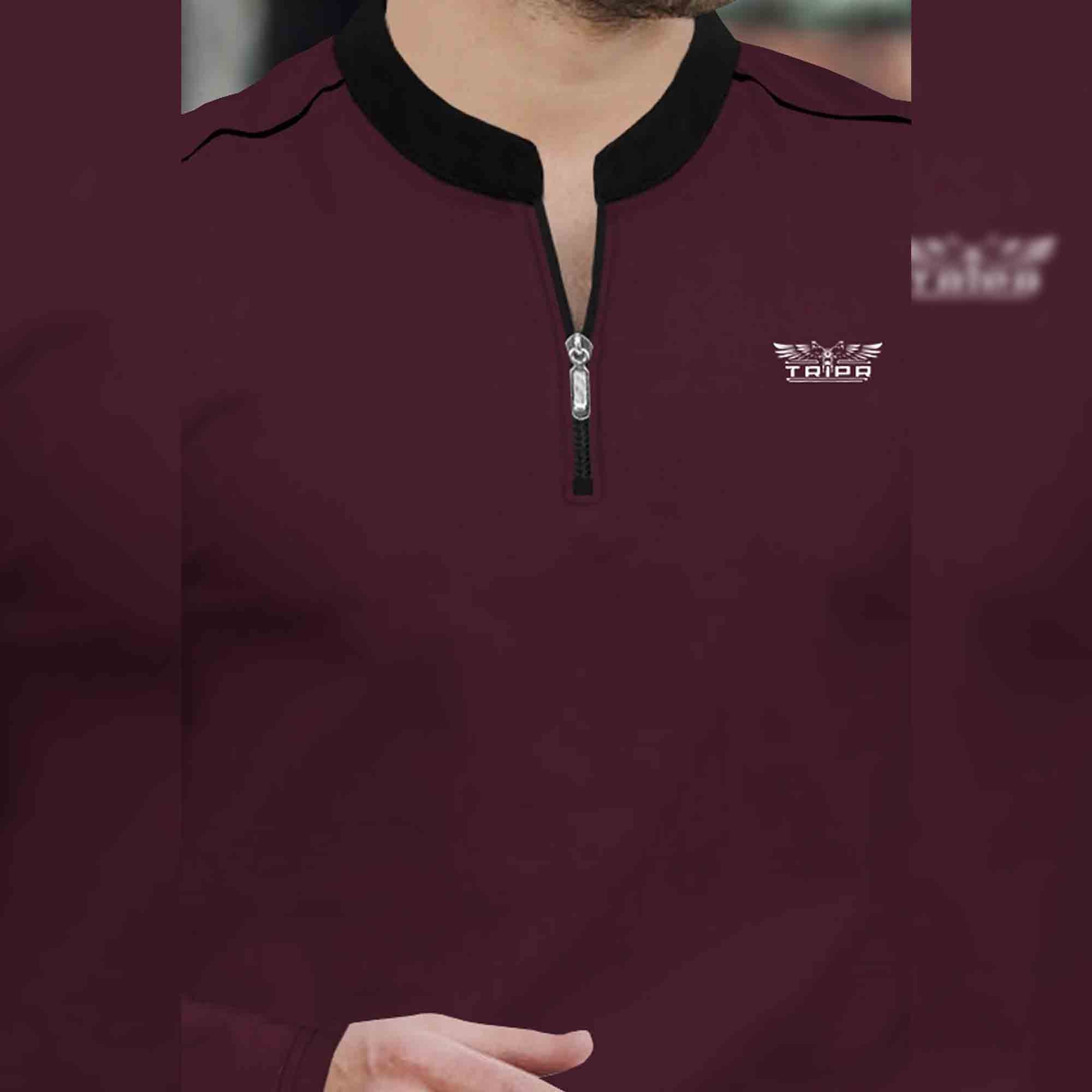 Men Full Sleeve Mandarin Collar Maroon T-Shirt