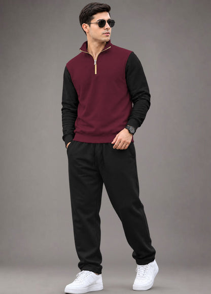 Outfit Set Men Coloblock Sweatshirt & Loose Fit Plain Trackpant