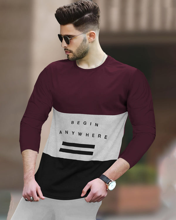 Men MAROON COLOR BLOCK Full Seelve T-Shirt