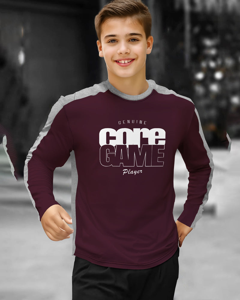 Kids Coregame Maroon Round Neck Full Sleeve T-Shirt