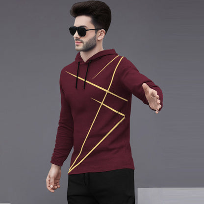 Men Full Sleeve Zig Zag Printed Hooded Maroon T-shirt