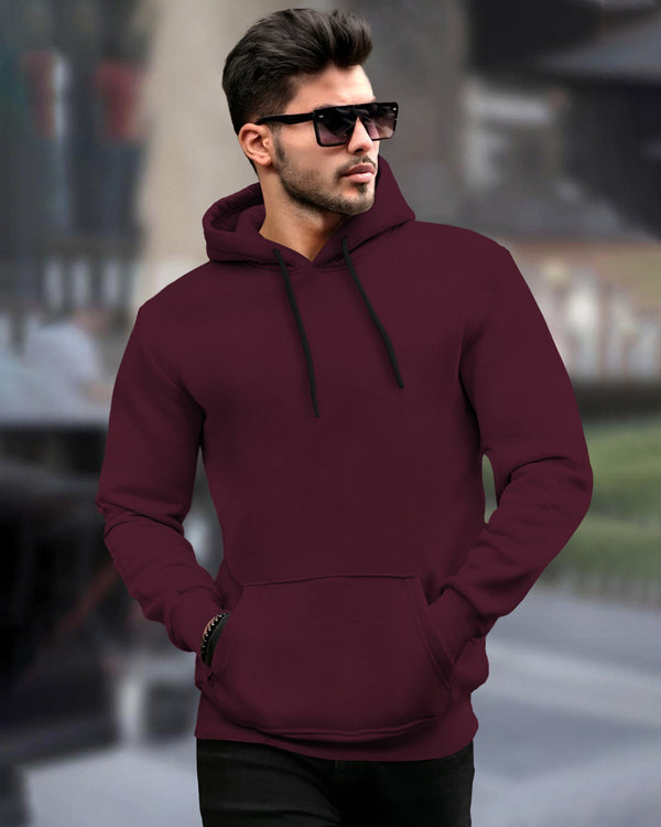 Mens Plain Sweatshirt Side Pockets with Hooded / Maroon