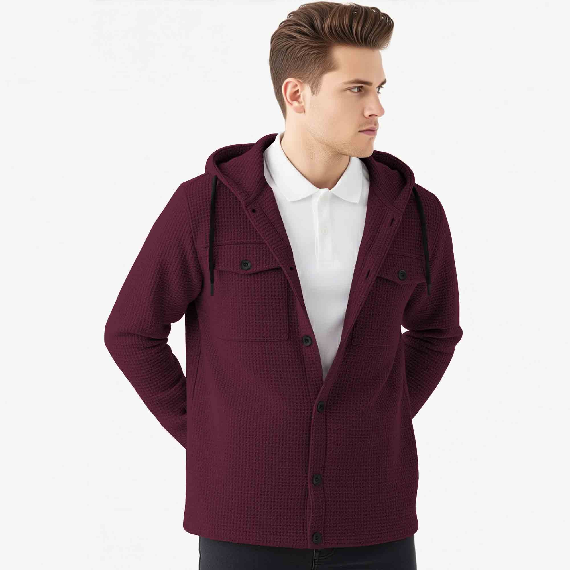 Men Smart Casual Double Pocket Full Sleeve Hooded Maroon Textured Shirt
