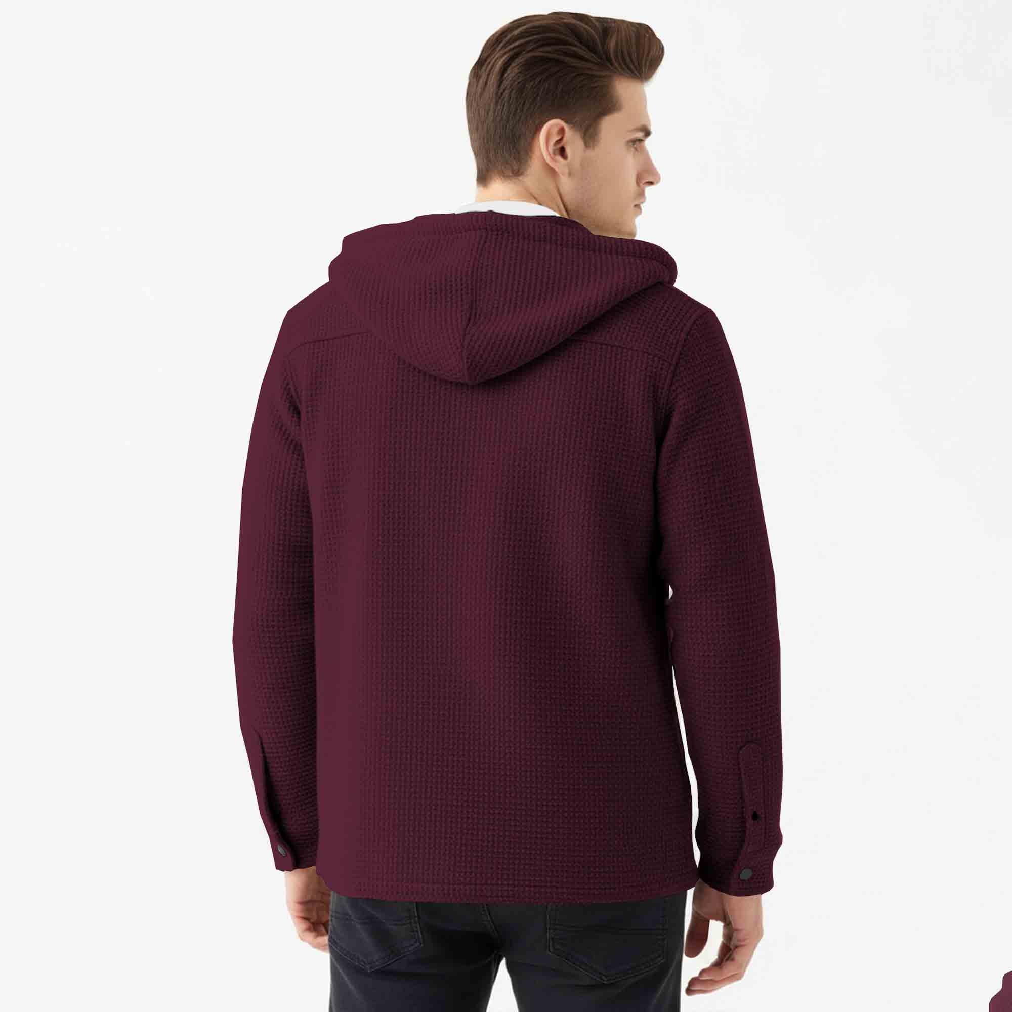 Men Smart Casual Double Pocket Full Sleeve Hooded Maroon Textured Shirt