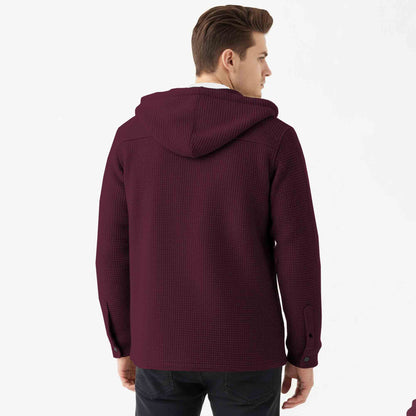 Men Smart Casual Double Pocket Full Sleeve Hooded Maroon Textured Shirt